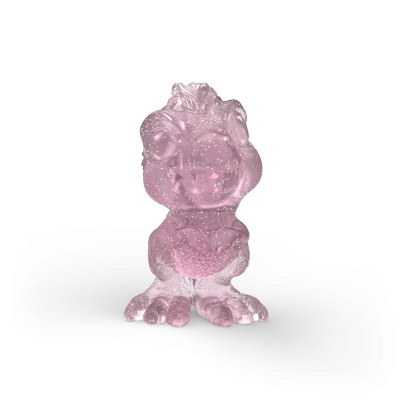 Kleine, pinke, durchsichtige Vogel-Figur mit großen Augen und detailreicher Struktur im Cartoon-Stil.