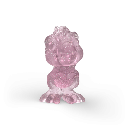Kleine, pinke, durchsichtige Vogel-Figur mit großen Augen und detailreicher Struktur im Cartoon-Stil.