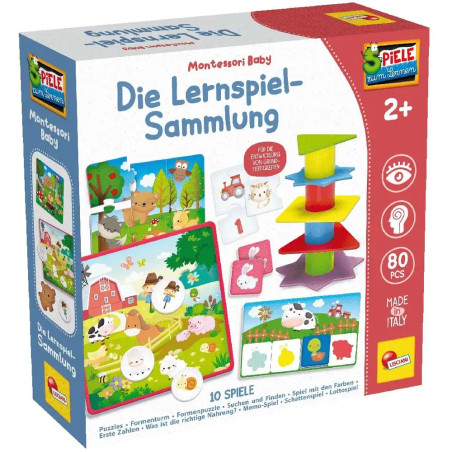 Montessori-Spielset für Babys ab 2 Jahren mit bunten Puzzles und 80 Teilen in der Box.