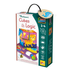 Montessori Cubes & Logic Spielbox für 1-4 Jahre mit bunten Blöcken und Tiermotiven auf der Verpackung.