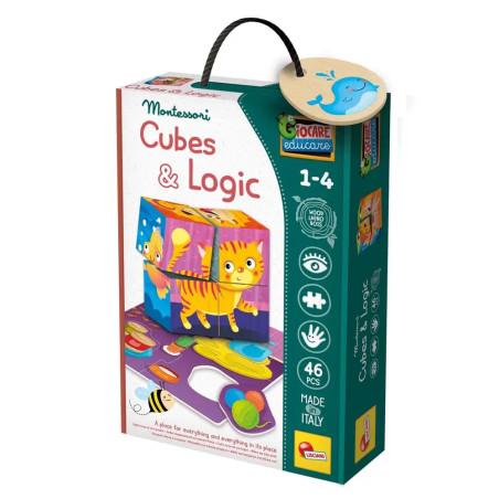 Montessori Cubes & Logic Spielbox für 1-4 Jahre mit bunten Blöcken und Tiermotiven auf der Verpackung.