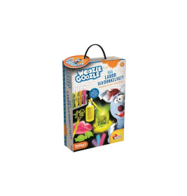 Box von Woozle Goozle: Das Labor der Dunkelheit mit leuchtend bunten Laborutensilien auf der Verpackung.
