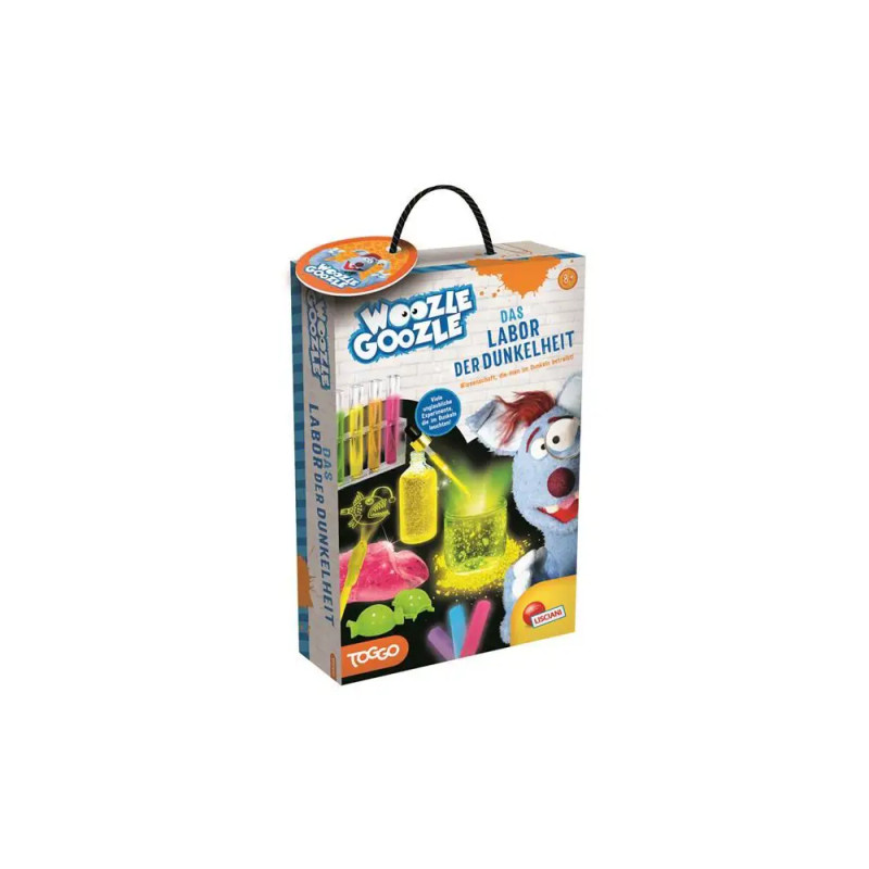 Box von Woozle Goozle: Das Labor der Dunkelheit mit leuchtend bunten Laborutensilien auf der Verpackung.