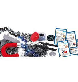 Experimentierkasten mit Hufeisenmagnet, Eisenfeilen, Kompass, Metallkugeln, Karten und Pinzette.