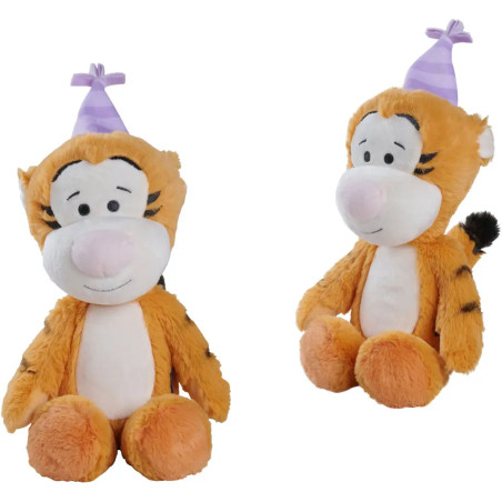 Zwei Plüsch-Tiger mit lila Partyhüten sitzen nebeneinander und schauen in unterschiedliche Richtungen.