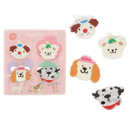 Rosa Tafel mit vier abnehmbaren Hundegesicht-Täschchen, jeweils mit unterschiedlichem Hut und Gesichtsausdruck.