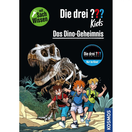 Drei gezeichnete Kinder fliehen vor einem T. rex-Skelett auf dem Cover des deutschen Buchs Das Dino-Geheimnis.