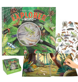 Explorer World Set mit Tierstickern, illustriertem Dschungelmotiv und Lupe auf dem Cover.