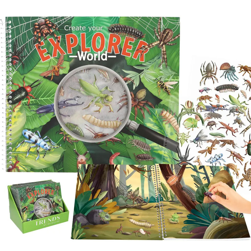 Explorer World Set mit Tierstickern, illustriertem Dschungelmotiv und Lupe auf dem Cover.