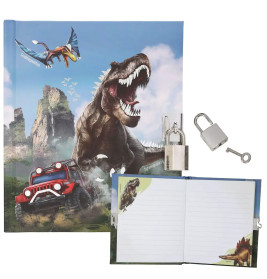 Tagebuch mit Dinosaurier und rotem Jeep auf dem Cover, geöffneter Seite sowie zwei silbernen Schlössern mit Schlüsseln.