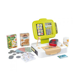 Spielzeugkasse mit Spielgeld, Kreditkarte, Scanner, Lebensmittelboxen und Einkaufszettel als Zubehör.