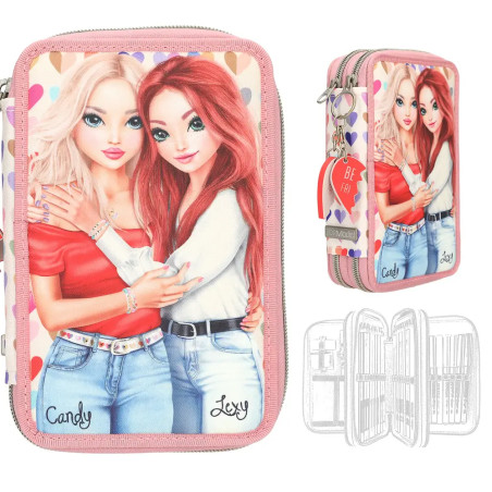 Federmäppchen mit Bild zweier umarmender Mädchen, Herz-Hintergrund, pinkem Rand und den Namen Candy und Lexy.
