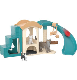 Katzen-Spielset mit drei Katzenfiguren, Rutsche, Kratzbaum, Treppe und hängenden Bällen zum Spielen.