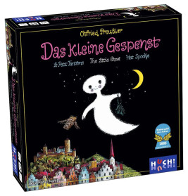 Das Brettspiel Das Kleine Gespenst zeigt auf der Box ein lachendes Gespenst über einer bunten nächtlichen Stadt.
