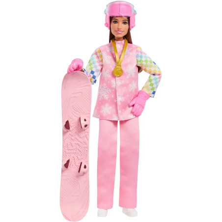 Barbie-Puppe in pinker Schneebekleidung mit Snowboard, Helm, Handschuhen und Goldmedaille.