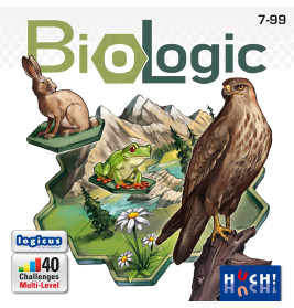Spielcover mit Hase, Frosch und Falke vor Bergkulisse. Schriftzug: BioLogic und HUCH!.