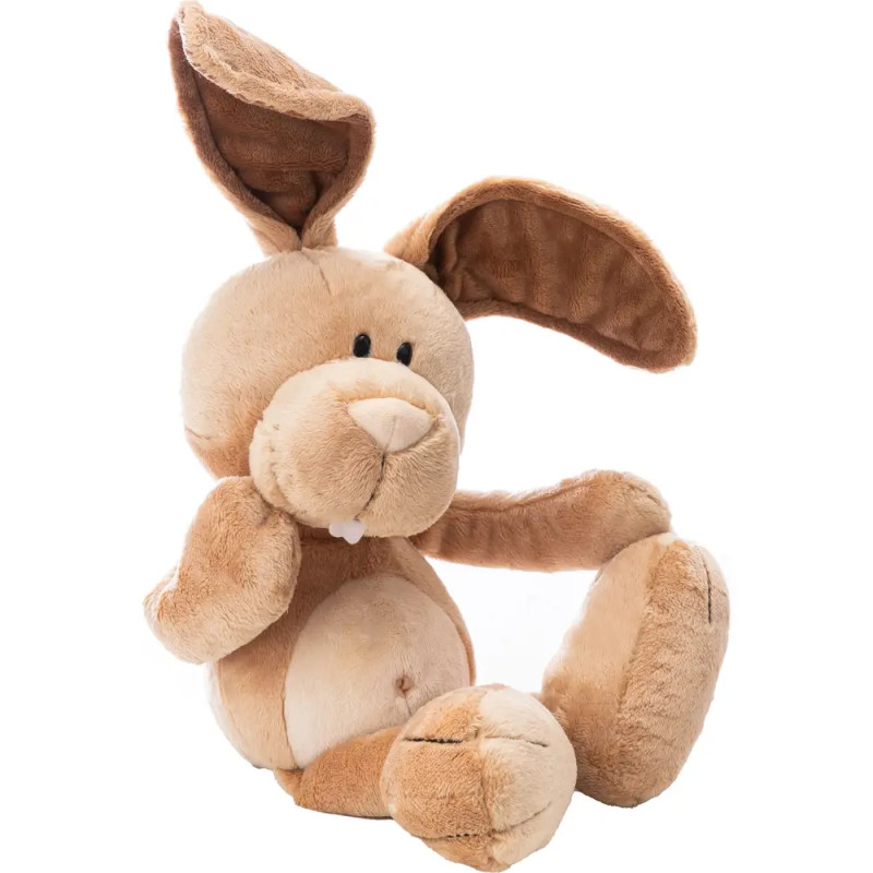 Braunes Plüschkaninchen mit Schlappohren, weißem Bauch und niedlichem Gesicht sitzt aufrecht.