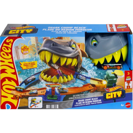Hot Wheels City Shark Chomp Beach Spielset mit Hai-Figur und Autos in bunter, detailreicher Verpackung.