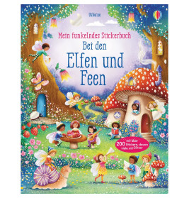 Elfen und Feen musizieren und tanzen in einem bunten, magischen Wald mit Pilzen und Blumen.