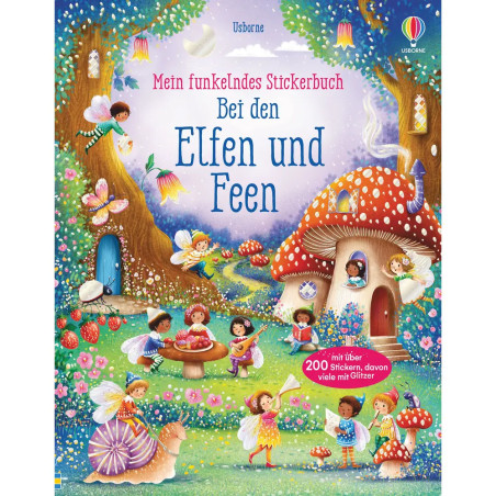 Elfen und Feen musizieren und tanzen in einem bunten, magischen Wald mit Pilzen und Blumen.