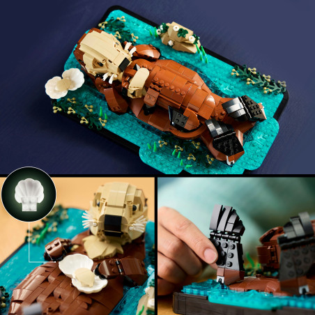 LEGO-Otterfigur mit Muschel schwimmt auf Wasser, wird aus der Nähe gezeigt und von Hand zusammengesetzt.