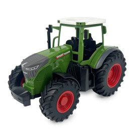 Grüner Spielzeugtraktor mit roten Rädern und weißem Dach, schräg auf weißem Hintergrund fotografiert.