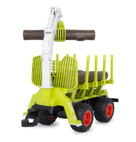 Spielzeug-Holztransporter mit Greifarm hält einen Stamm, grünes Gestell, rote Räder, schwarze Kupplung, Rückansicht.