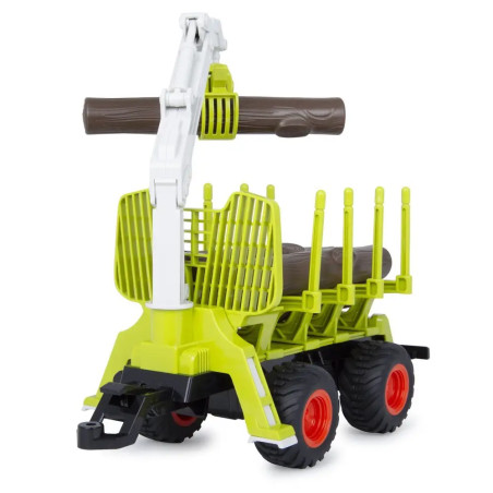 Spielzeug-Holztransporter mit Greifarm hält einen Stamm, grünes Gestell, rote Räder, schwarze Kupplung, Rückansicht.