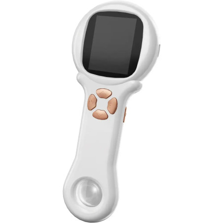 Weißer, tragbarer digitaler Scanner mit schwarzem Display und vier braunen Tasten darunter.