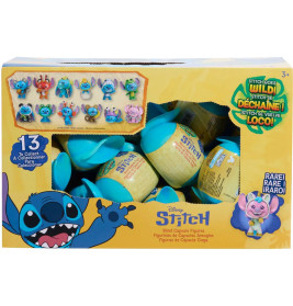 Disney Stitch Blind-Capsule-Figuren in gelber Box mit blauen Akzenten und Cartoon-Stitch-Motiv.