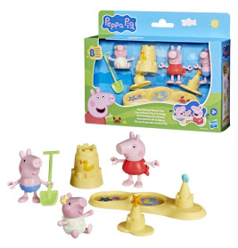 Peppa Pig Strand-Spielset mit drei Figuren, Sandburgen, Ente, Schaufel und Verpackung.