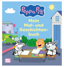 Peppa Pig Cover: Zwei Cartoon-Tiere zeichnen draußen am Tisch, im Hintergrund Katze, Sonne, Auto und Haus.