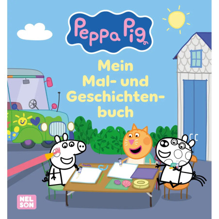 Peppa Pig Cover: Zwei Cartoon-Tiere zeichnen draußen am Tisch, im Hintergrund Katze, Sonne, Auto und Haus.