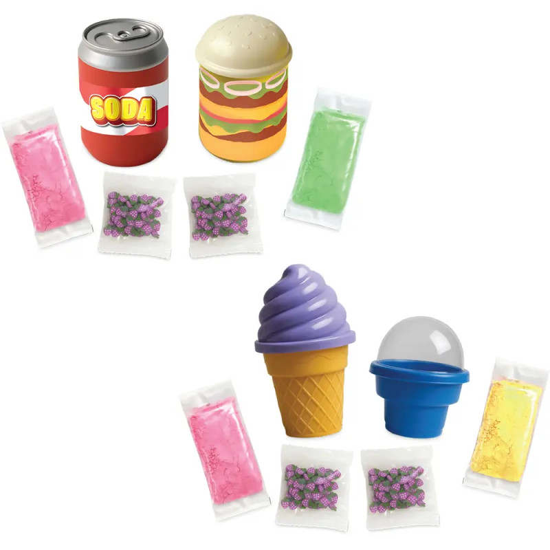 Radiergummis in Form von Getränkedose, Burger, Eis und blauer Tasse, umgeben von kleinen Päckchen.