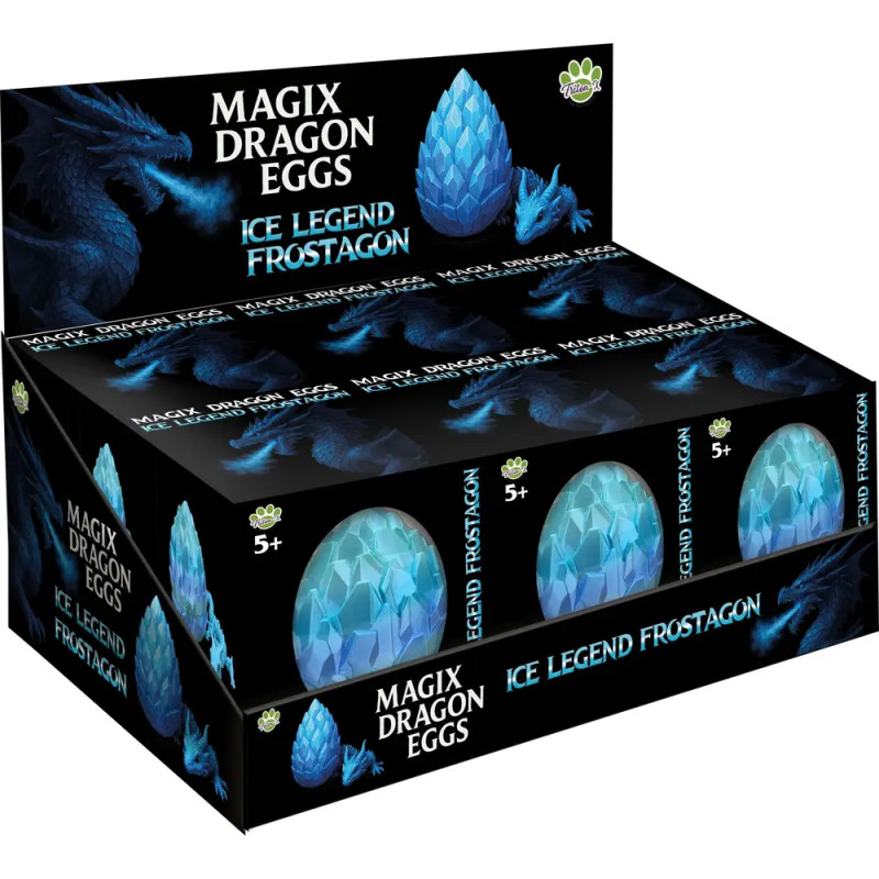 Magix Dracheneier Ice Legend Frostagon: Display mit blauem Drachen und Drachenei.