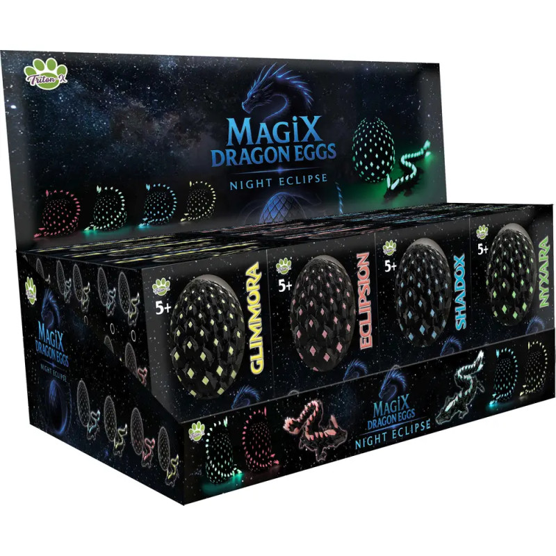 Magix Dragon Eggs Spielzeugbox mit leuchtenden Designs für Kinder ab 5 Jahren vor einem sternenreichen Hintergrund.