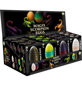 Auslagebox mit Magix Scorpion Eggs Spielzeug, bunt bemalten Eiern und Skorpion-Abbildungen auf der Verpackung.
