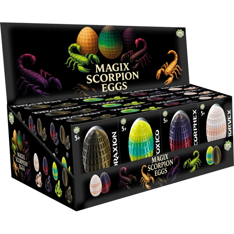 Auslagebox mit Magix Scorpion Eggs Spielzeug, bunt bemalten Eiern und Skorpion-Abbildungen auf der Verpackung.