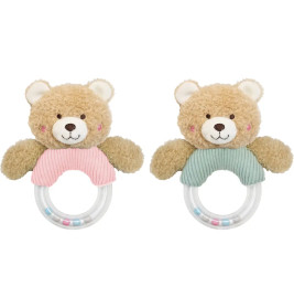 Zwei Plüsch-Teddybär-Rasseln mit klaren Kunststoffringen, eine im pinken und eine im grünen Shirt.