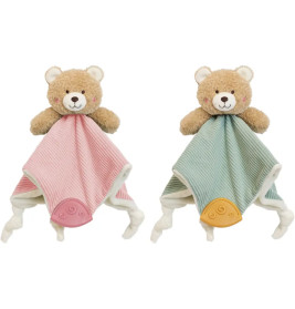 Zwei Teddybär-Schnuffeltücher liegen nebeneinander, eines mit rosa, das andere mit grünem Tuch.