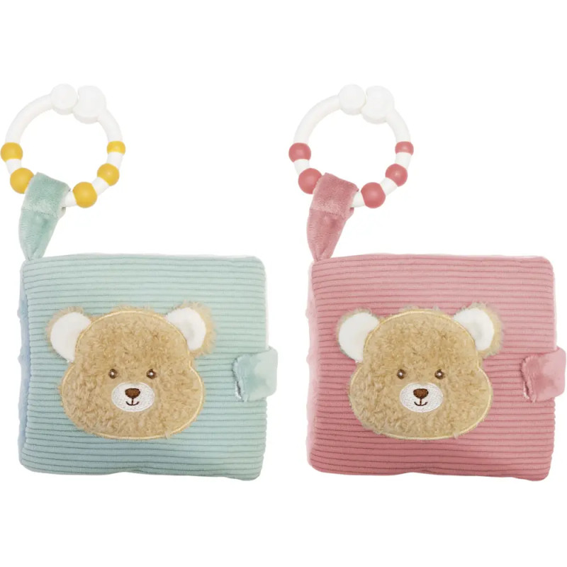 Zwei weiche Babybücher, blau und rosa, mit Bärenmotiv und Perlenring zur Befestigung.