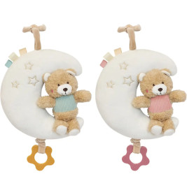 Zwei mondförmige Plüsch-Babyspielzeuge mit Teddybären, Sternstickerei und Zugband, eines gelb, eines rosa.