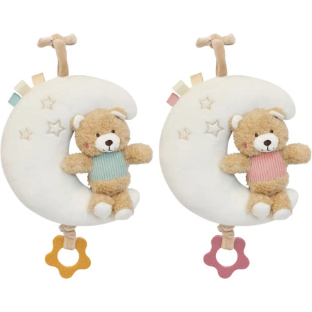 Zwei mondförmige Plüsch-Babyspielzeuge mit Teddybären, Sternstickerei und Zugband, eines gelb, eines rosa.