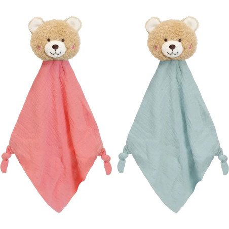 Zwei Schmusetücher mit Teddykopf, eines mit rosa, eines mit blauem Stoff, beide an den Ecken verknotet.