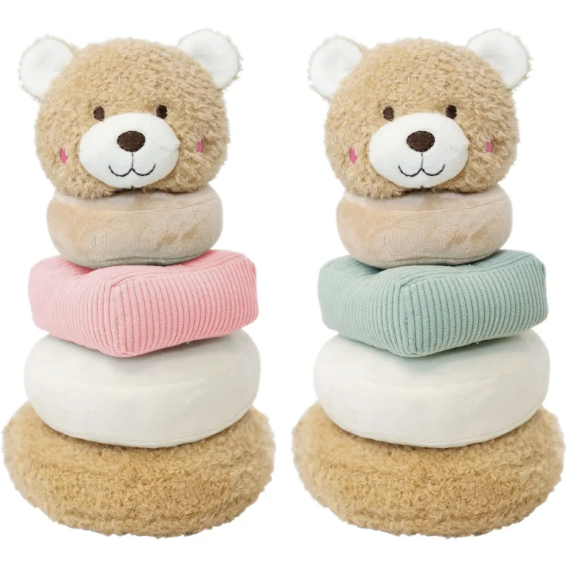 Zwei Plüsch-Bären-Steckspielzeuge mit pastellfarbenen Ringen, einem rosa, einem grünen, nebeneinander platziert.