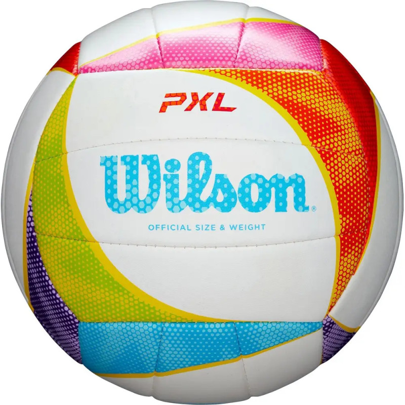 Weißer Wilson-Volleyball mit bunten Regenbogenmustern und rotem "PXL"-Aufdruck auf dem oberen Panel.