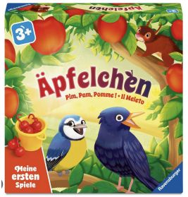 Bunte Spielebox mit Äpfeln, Vögeln, Eichhörnchen und Schriftzug "Äpfelchen", geeignet ab 3 Jahren.
