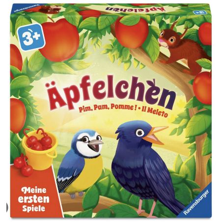 Bunte Spielebox mit Äpfeln, Vögeln, Eichhörnchen und Schriftzug "Äpfelchen", geeignet ab 3 Jahren.