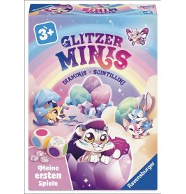 Bunte Spieleschachtel mit Tierfiguren, funkelnden Edelsteinen und Würfeln; ab 3 Jahren geeignet (Glitzer Minis).
