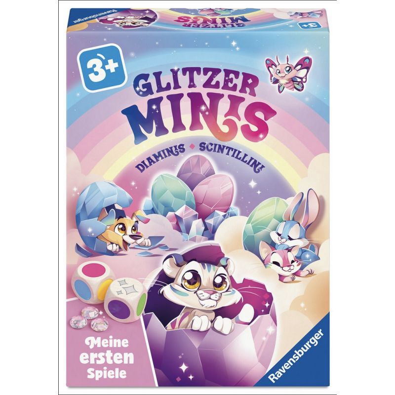 Bunte Spieleschachtel mit Tierfiguren, funkelnden Edelsteinen und Würfeln; ab 3 Jahren geeignet (Glitzer Minis).